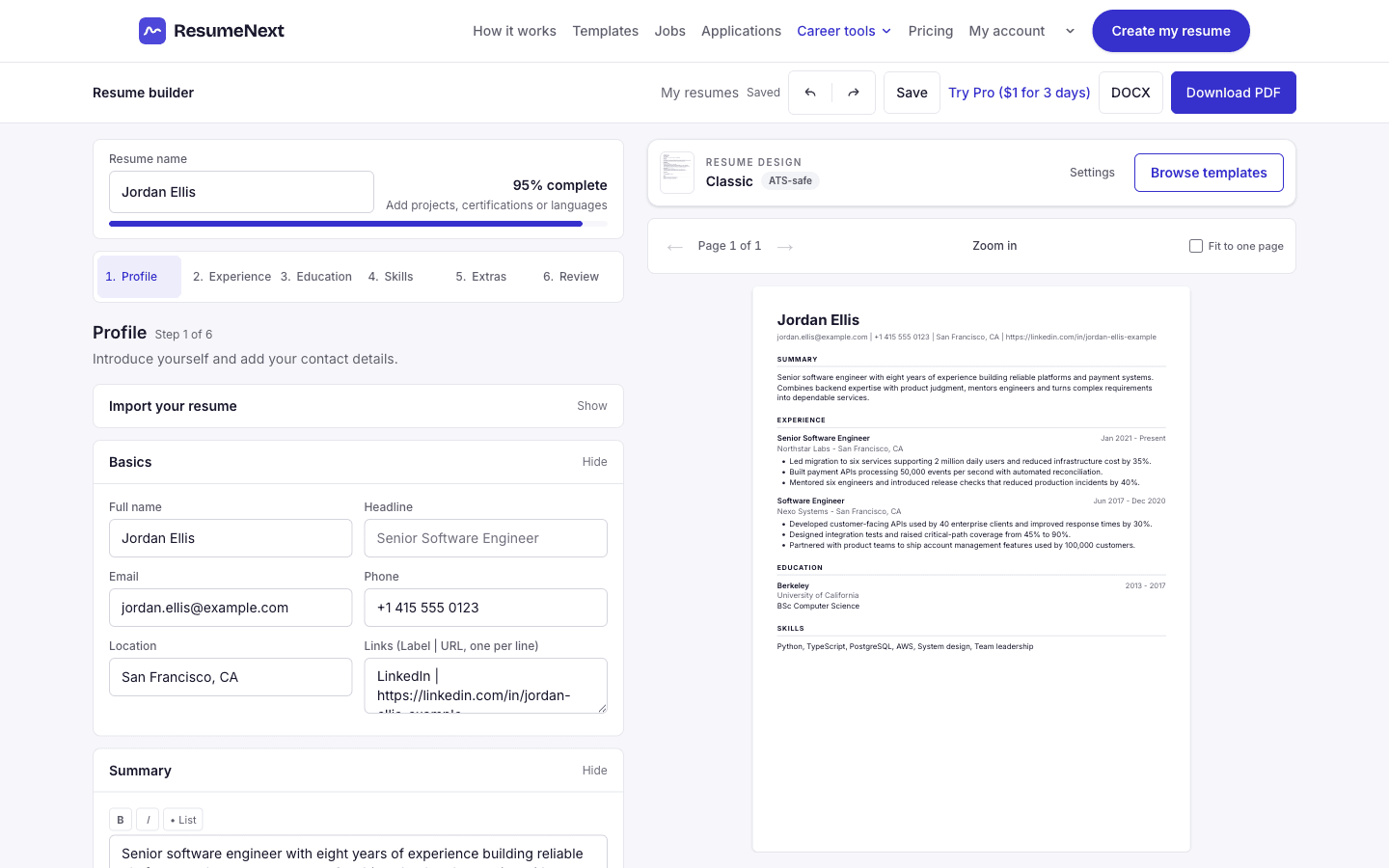 The ResumeNext builder with an imported resume parsed into the form on the left and a live ATS-scored preview on the right